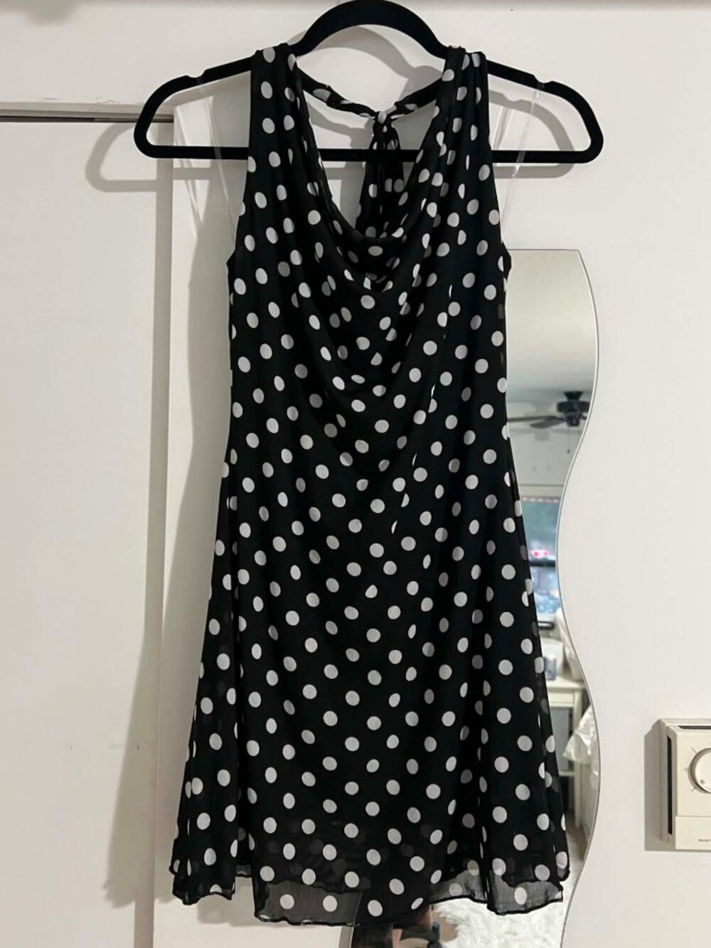 Flowy, black and white polka dot halter dress, M